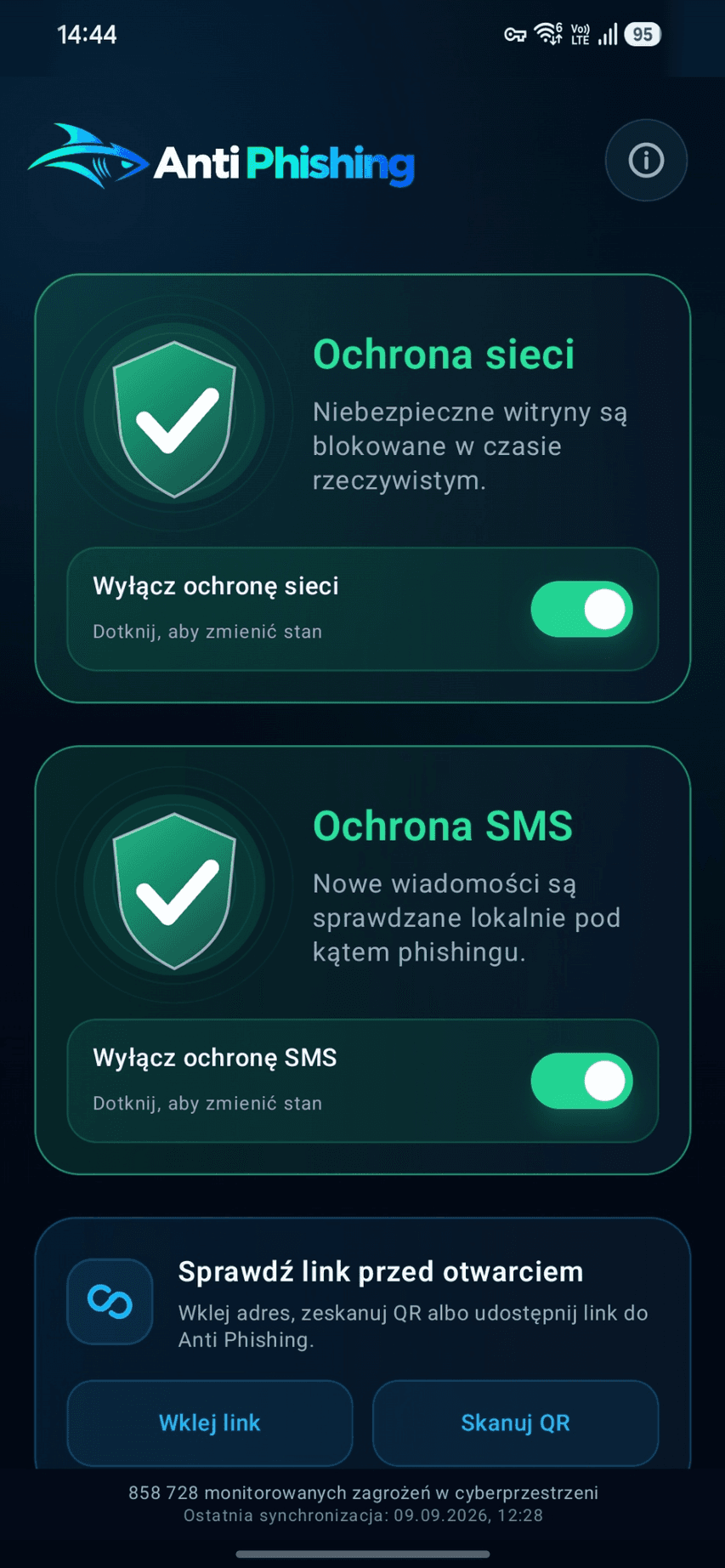 Ekran aplikacji Anti Phishing ze stanem ochrony WWW i SMS