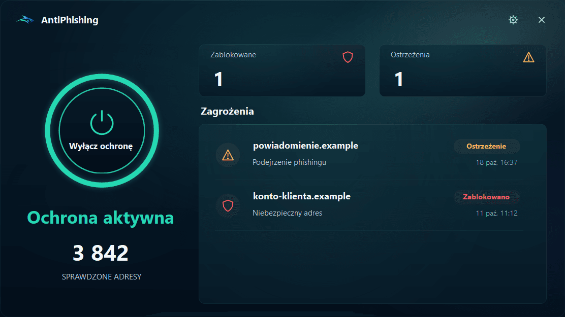 Okno aplikacji Anti Phishing dla Windows na pulpicie