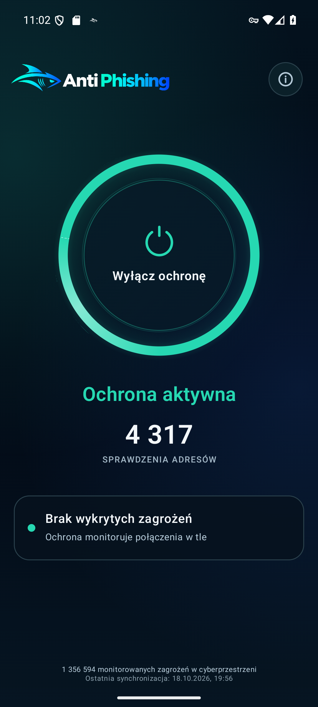 Ekran aplikacji Anti Phishing na Androidzie