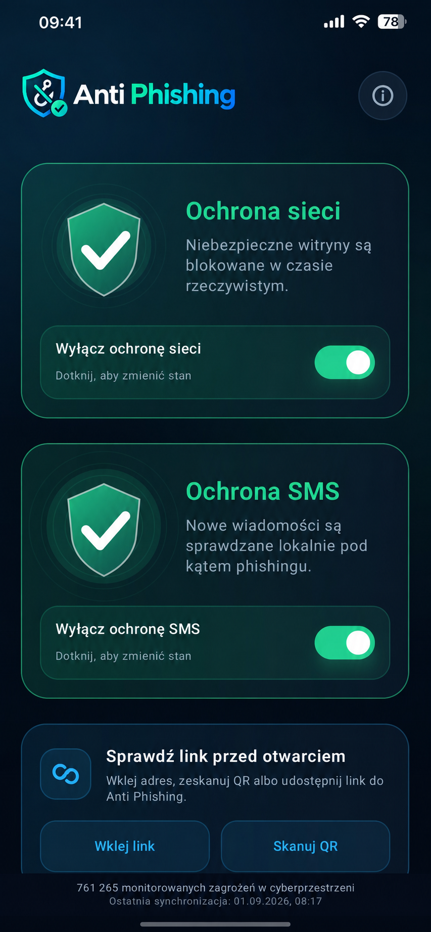 Ekran aplikacji Anti Phishing z aktywną Ochroną sieci i Ochroną SMS