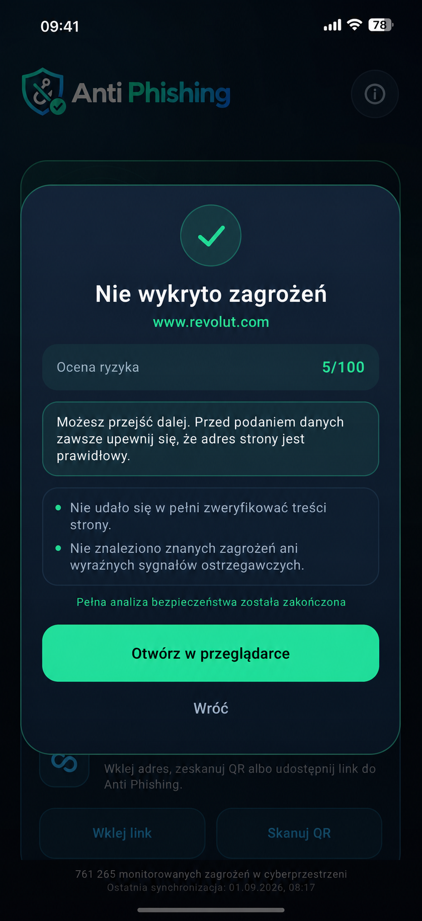 Wynik rozszerzonej analizy linku z oceną ryzyka w aplikacji Anti Phishing
